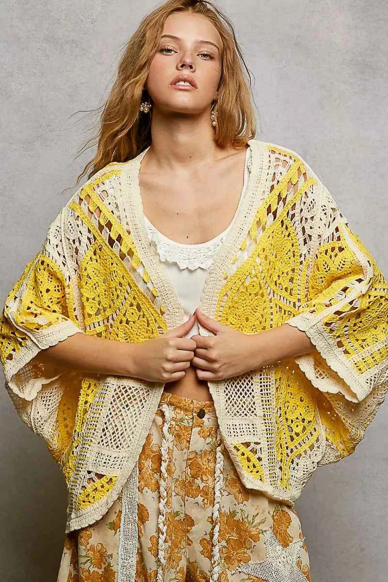 POL Open Front Crochet Cardigan with Scalloped Edge YELLOW MULTI One Size 07781c92-0794-4fc5-a855-b555e7dc3064-Max-Origin