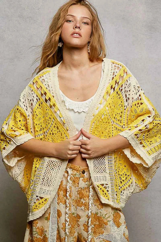 POL Open Front Crochet Cardigan with Scalloped Edge YELLOW MULTI One Size 07781c92-0794-4fc5-a855-b555e7dc3064-Max-Origin