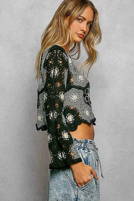 Floral Weave Pattern Crochet Cropped Top with Beads Detail 077ce21c-5432-450b-a395-c44dbb5d6f1d-Max-Origin