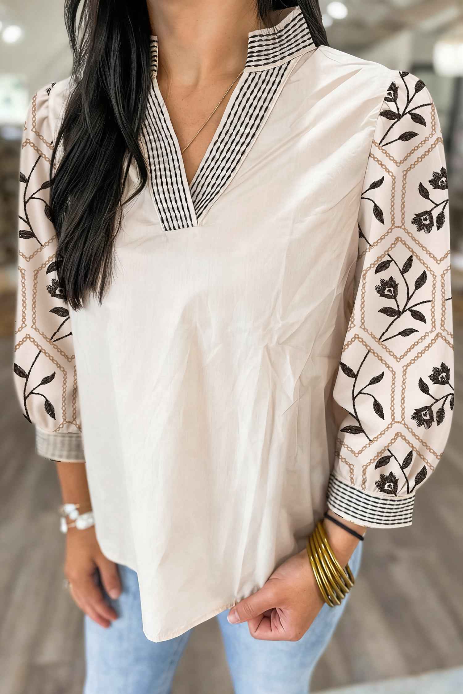 Grass Green Floral Puff Sleeve Contrast V Neck Patchwork Blouse White 100%Cotton 077e4904219f125d