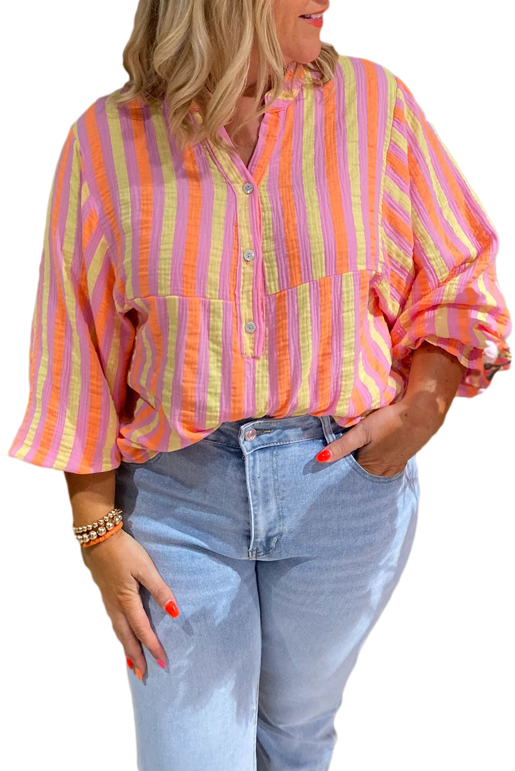 Pink Striped Crinkled Buttons V Neck Plus Size Blouse 0786aab0ba4af15e