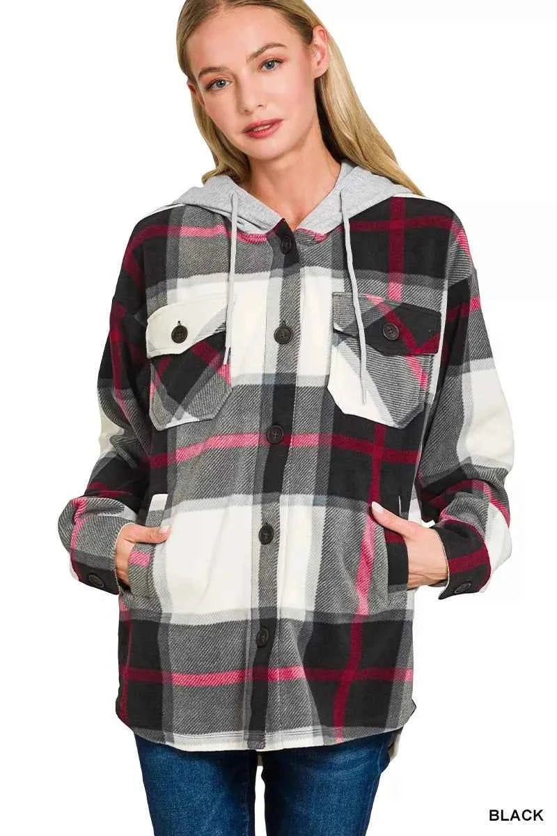 Zenana Plaid Drawstring Hooded Fleece Shacket BLACK 078a1253a2d94558b3062537ef197e5b-Max-Origin