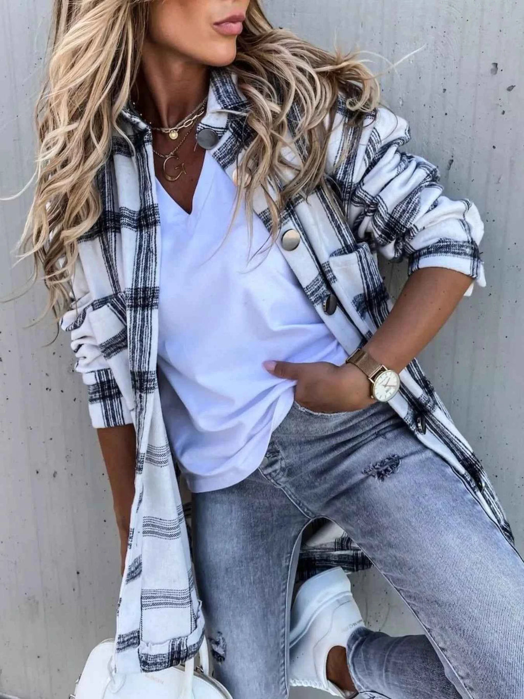 Oversized Plaid Button-Up Longline Shirt