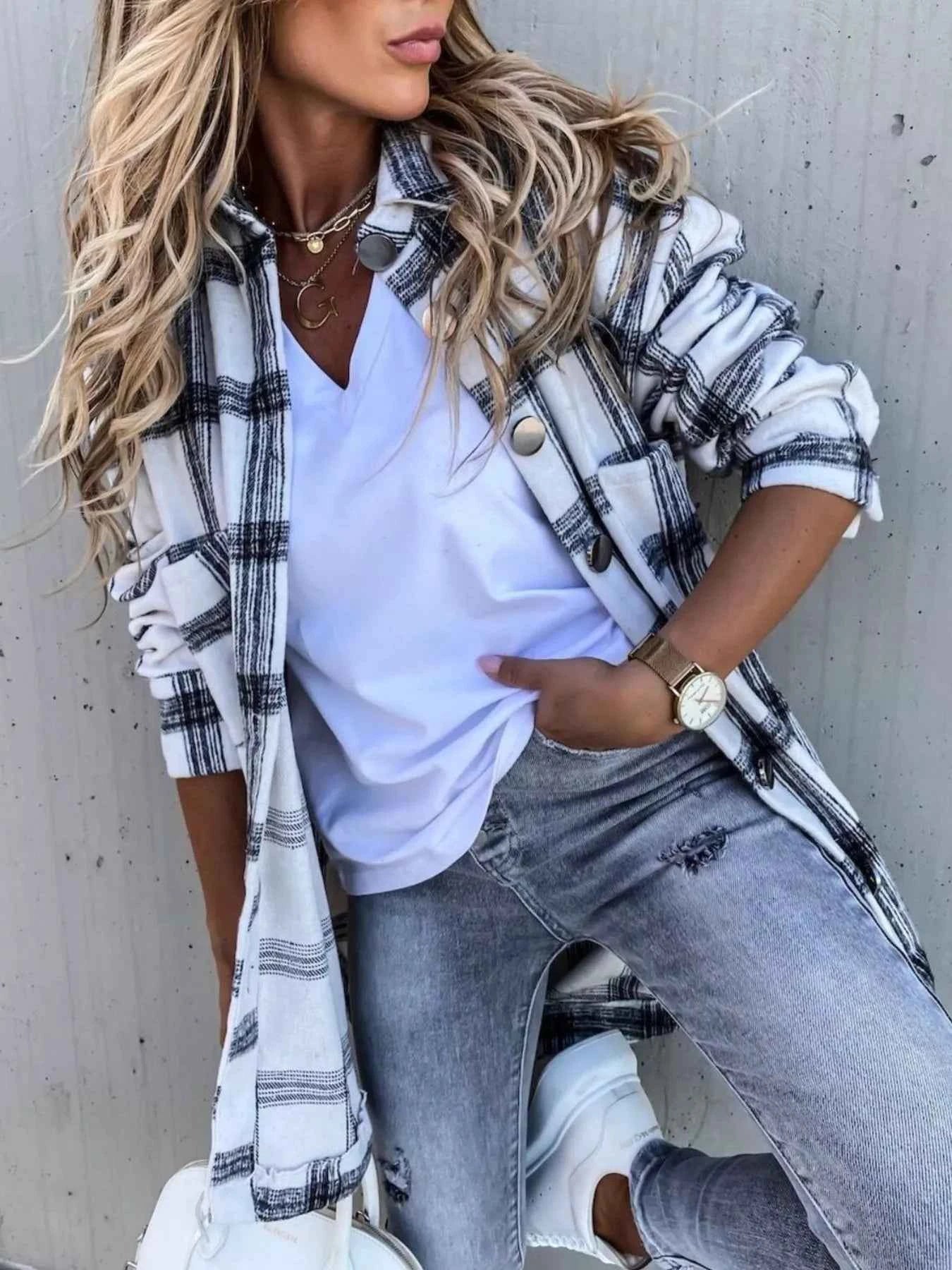 Oversized Plaid Button-Up Longline Shirt