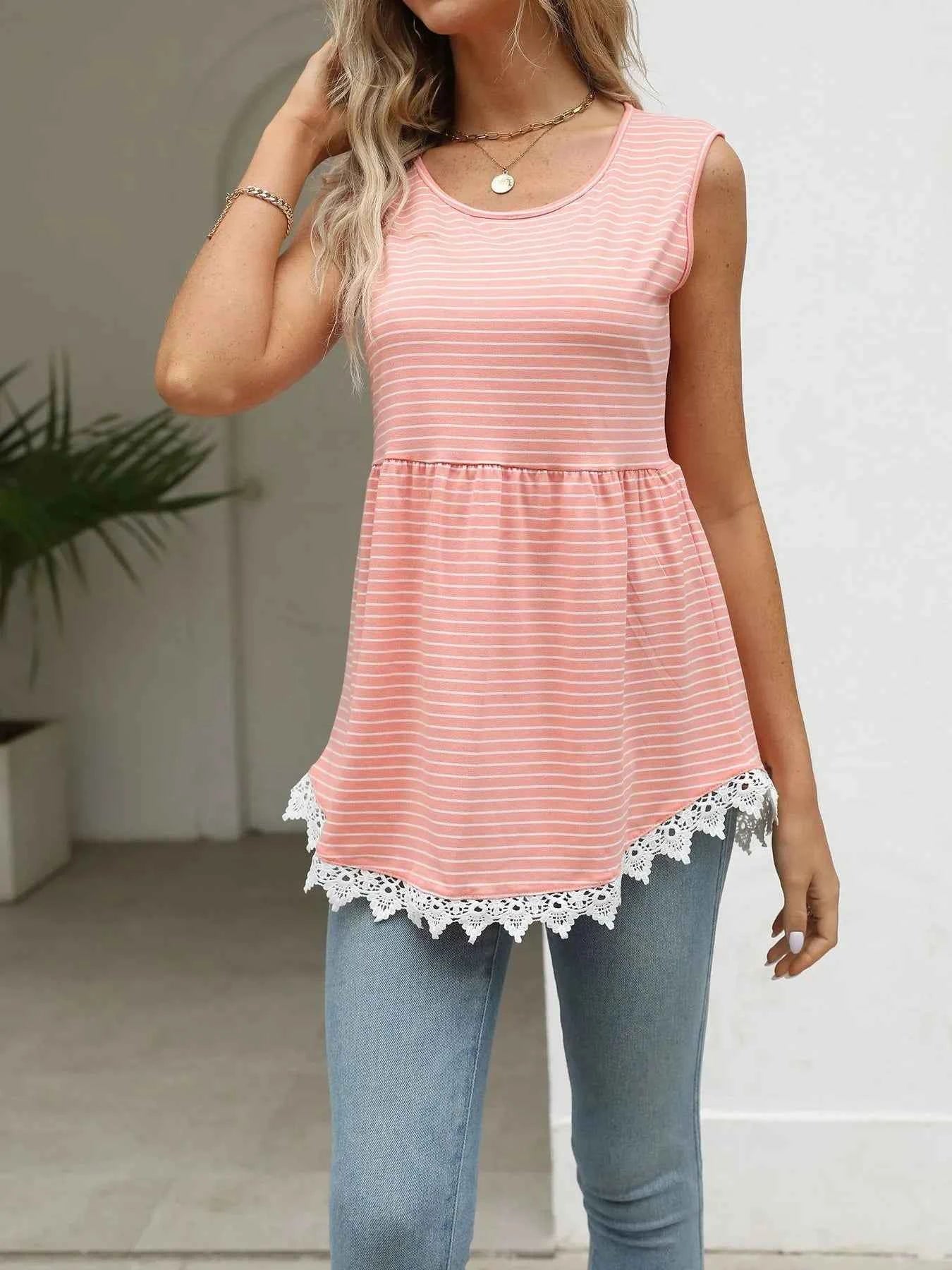 Lace Trim Sleeveless Babydoll Tank Top Pink 0791366b0149415f944fabbd6eb84985-Max-Origin