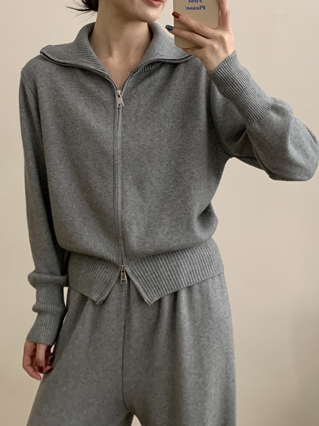 Zip Up Outerwear and Wide Leg Pants Set Light Gray One Size 07964803-0355-40fe-a457-340dc999a440-Max