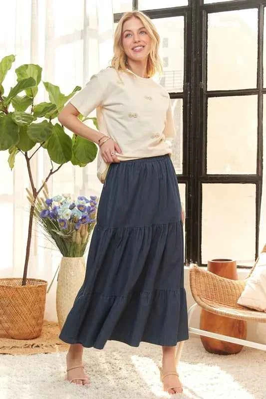 ADORA Waist Band Tiered Denim Maxi Skirt DK DENIM 079857aecc094c2e89acb30adf08b556-Max-Origin