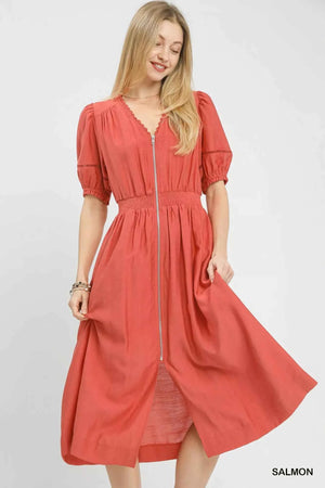 Zip-Front Smocked Waist Midi Dress SALMON 079a5280-6758-4df4-a90b-6f6796eb3ebe-Max-Origin