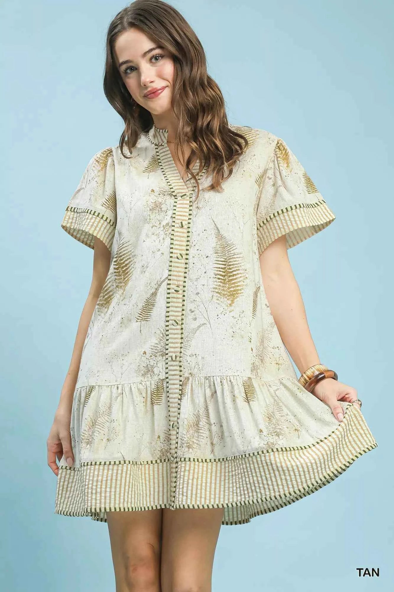 Umgee Linen Printed Button-Front Tiered Mini Dress TAN 079b9554-19b5-4fc8-84f7-9f5139751323-Max-Origin