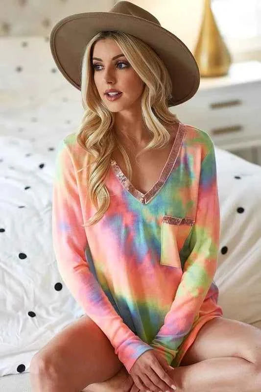 BiBi Tie Dye V-neck Terry Knit Top With Sequins 079ceeab81a94325a703b38b0fa6d4df-Max-Origin