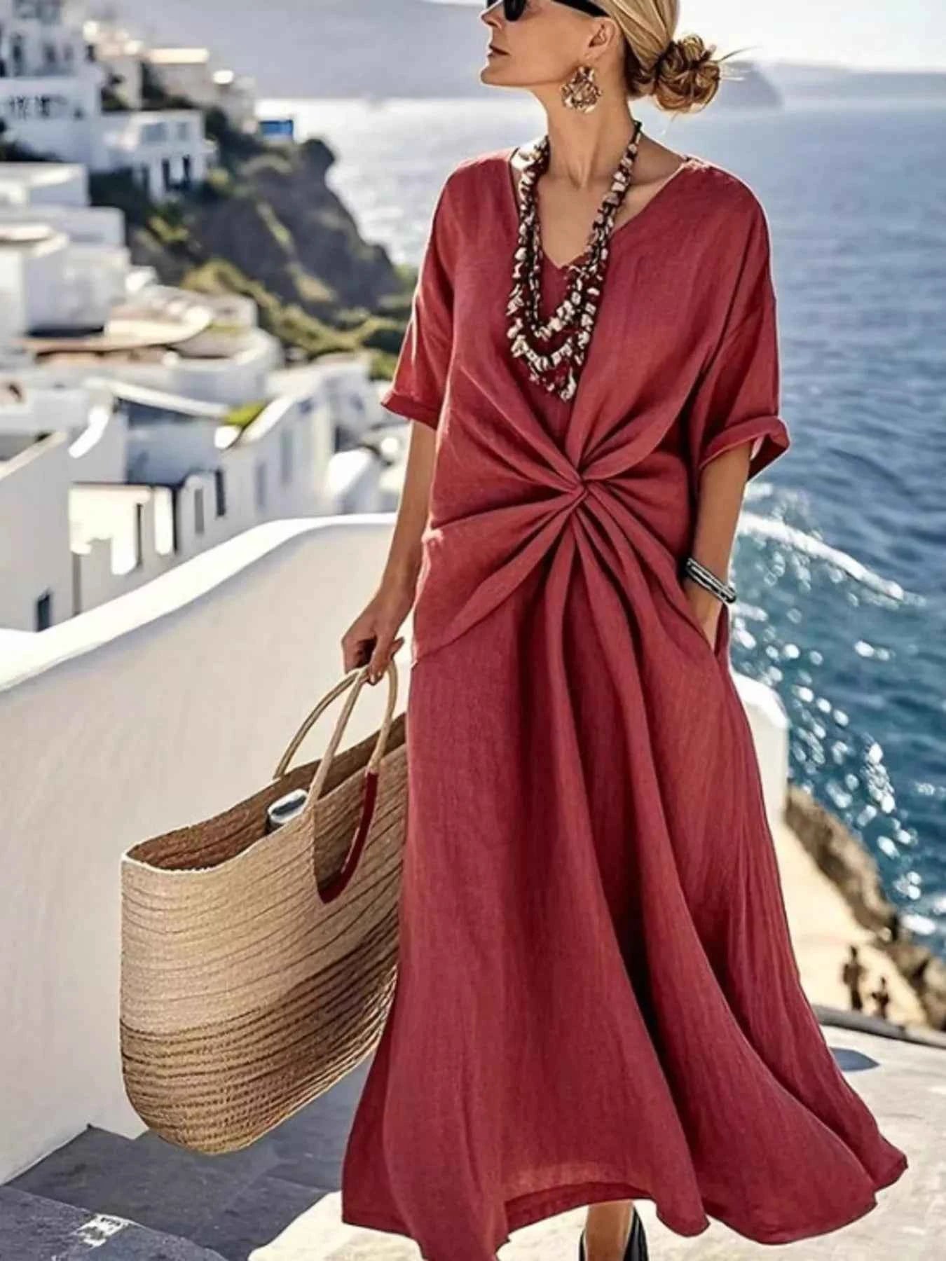 Twist Front V-Neck Half Sleeve Dress 079d82eb763449fab4b86a7358ba7987-Max-Origin