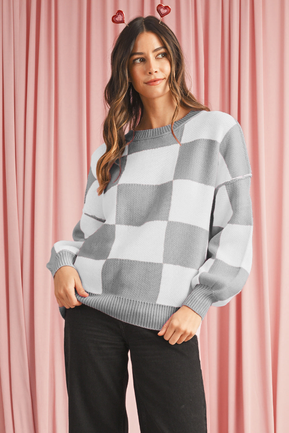 Orange & White Plaid Exposed Seam Bishop Sleeve Sweater 07a4dc282b3837b2