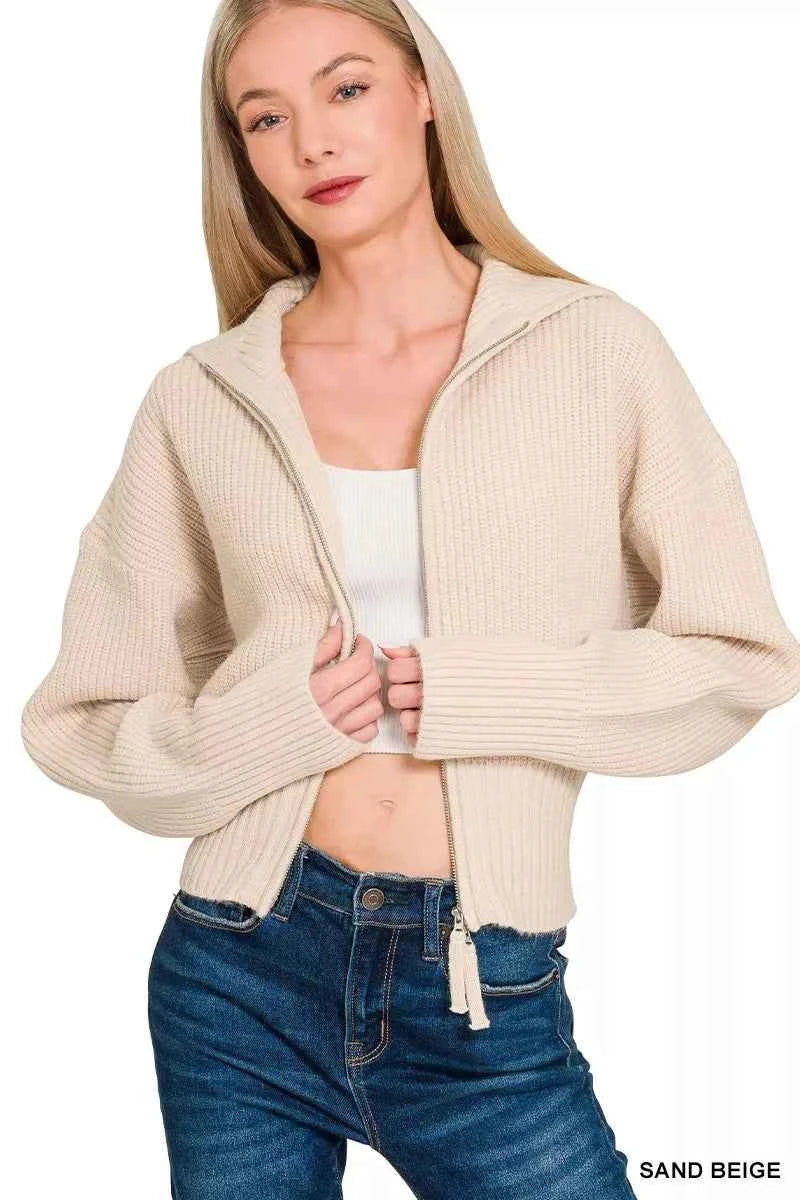 Zenana Ribbed Collared Zip Up Sweater Cardigan 07a6e31985c74621b70b5fd100c85730-Max-Origin