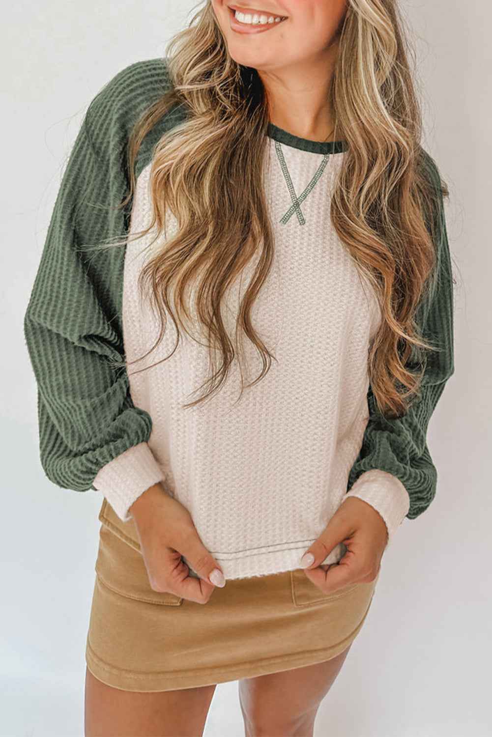 Mist Green Waffle Color Block Raglan Sleeve Top Mist Green 61%Polyester+37%Viscose+2%Elastane 07a83bbf86c72f6f