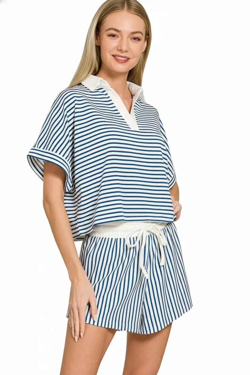 Zenana Striped Collared Top & Shorts Set 07aba6e0-432e-4311-a7a2-5f09bca1f785-Max-Origin
