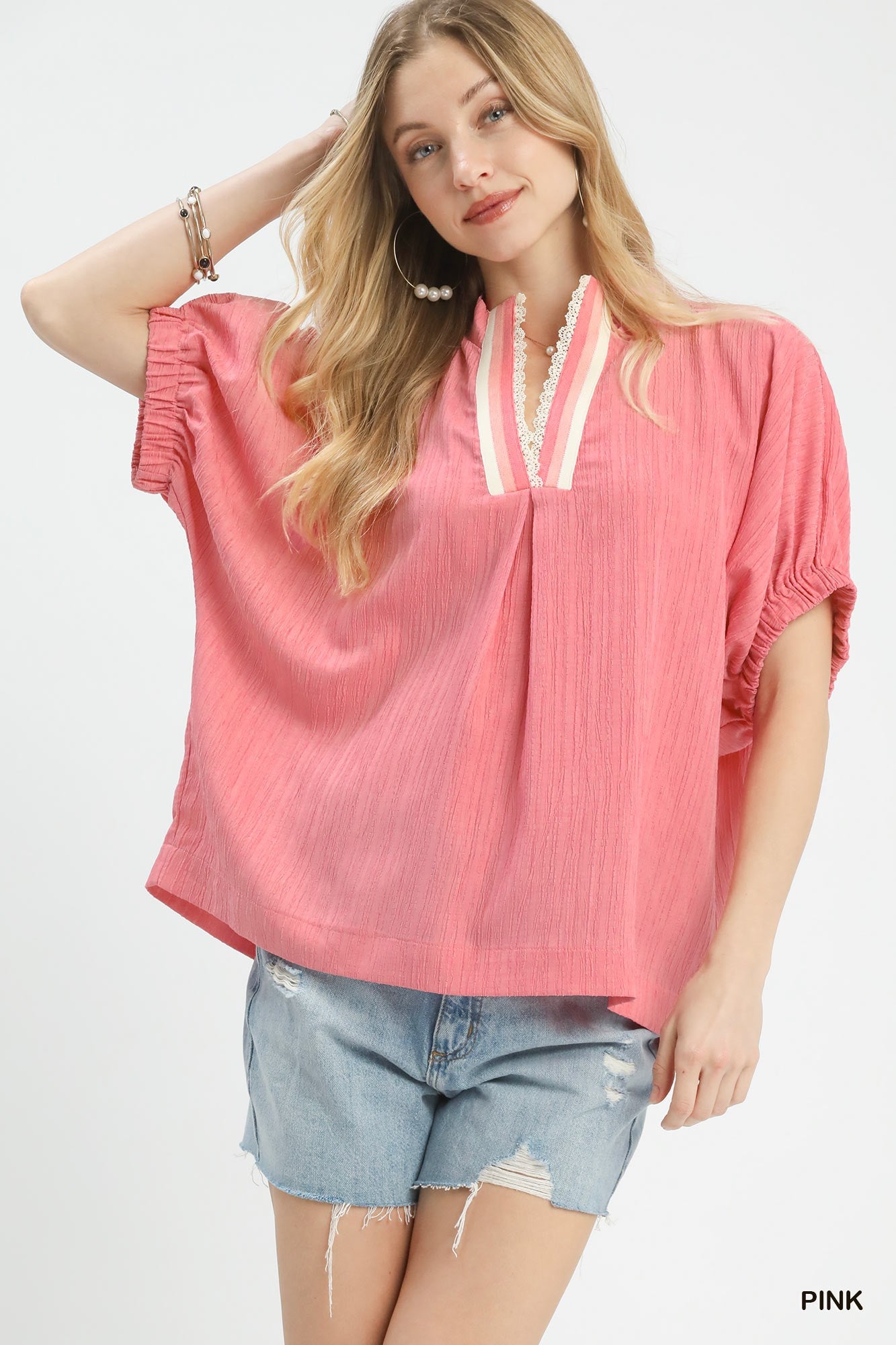 Umgee Textured V-Neck Blouse PINK 07abe026-2ba9-407b-b8c9-d16c2e3015bb-Max