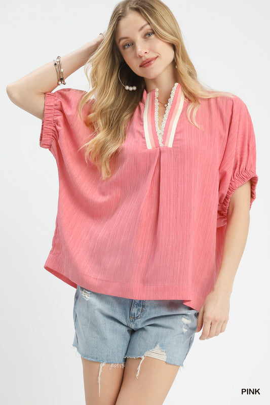 Umgee Textured V-Neck Blouse PINK 07abe026-2ba9-407b-b8c9-d16c2e3015bb-Max