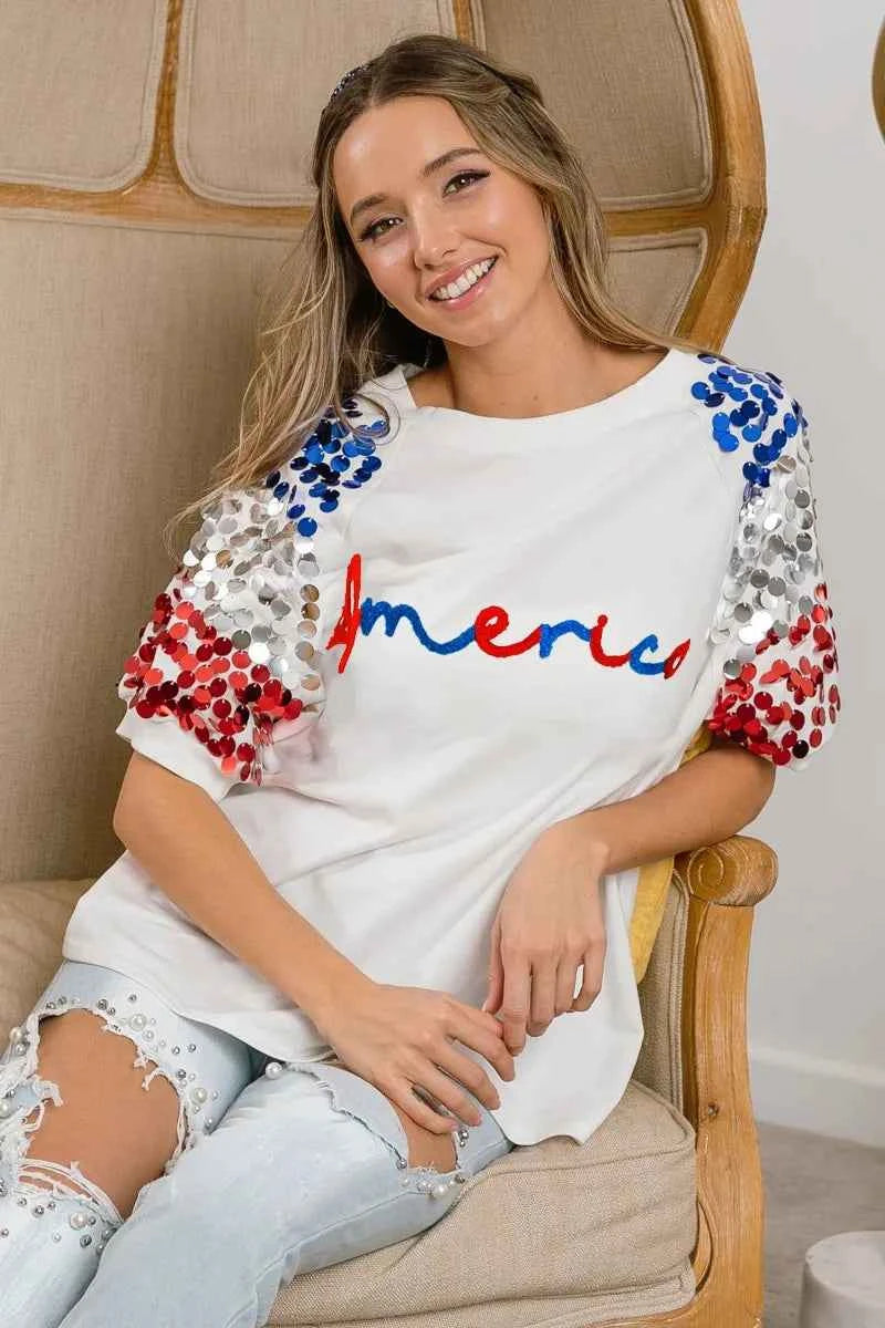 BiBi America Letter Applique Spangle Puff Sleeves Top 07ad361cf2804537b0827e37c2ef587c-Max-Origin