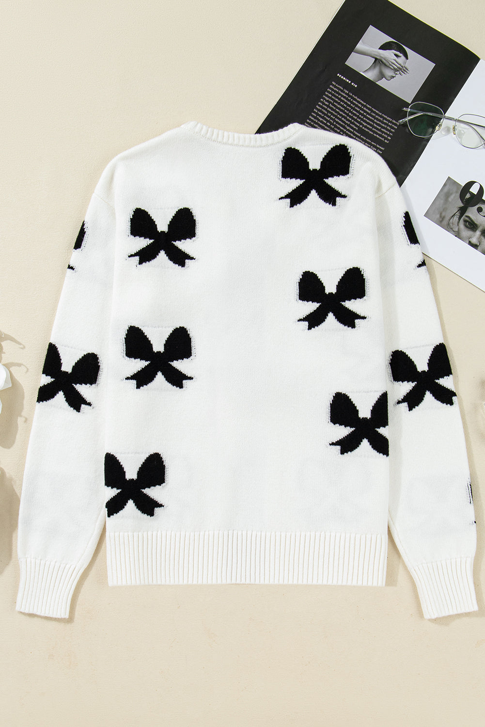 White Lace-Up Front Bow Pattern Round Neck Knit Cardigan 07aff5d12b41b7af