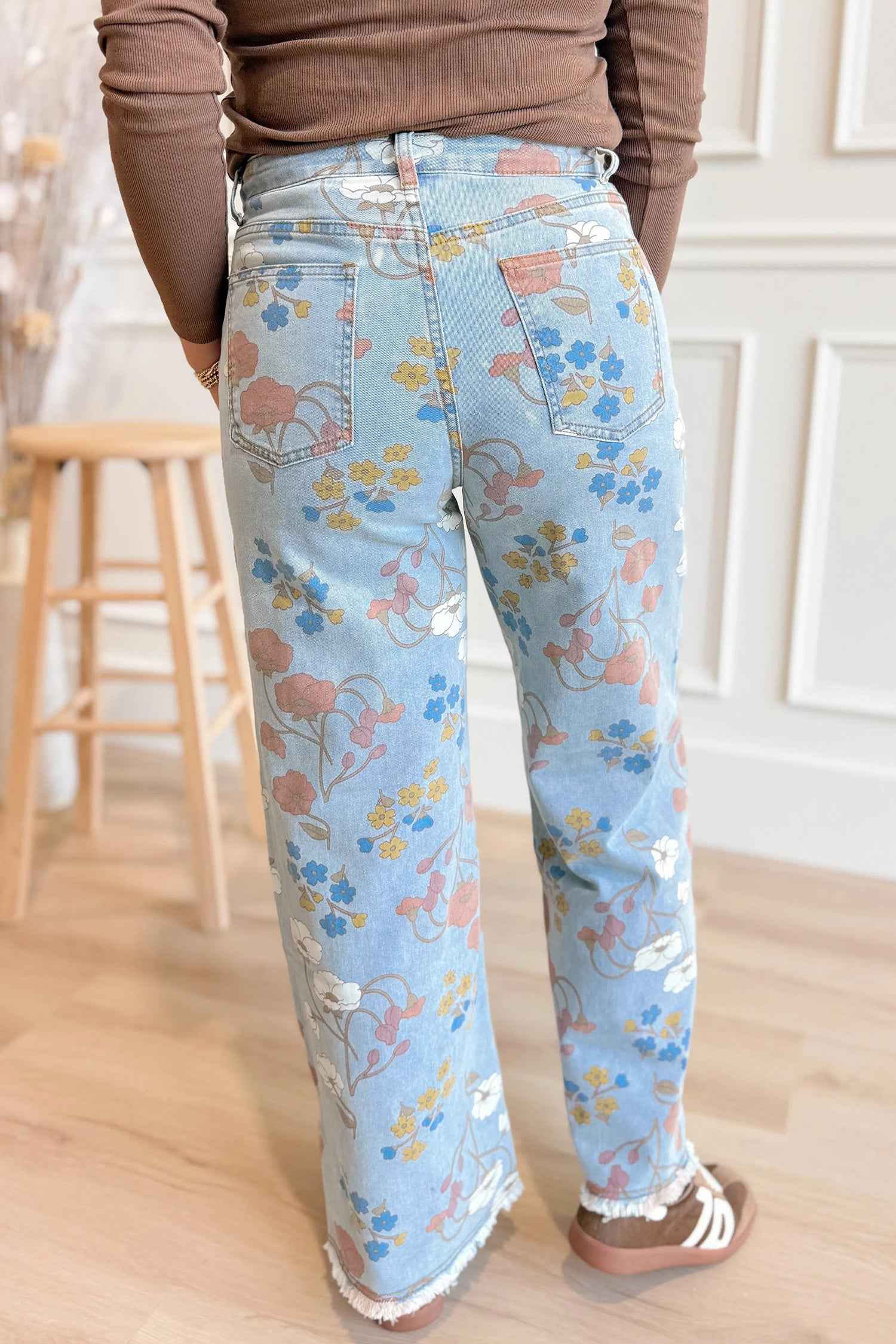 Sky Blue Floral Printed Raw Hem Shift Jeans 07b09681162c4605