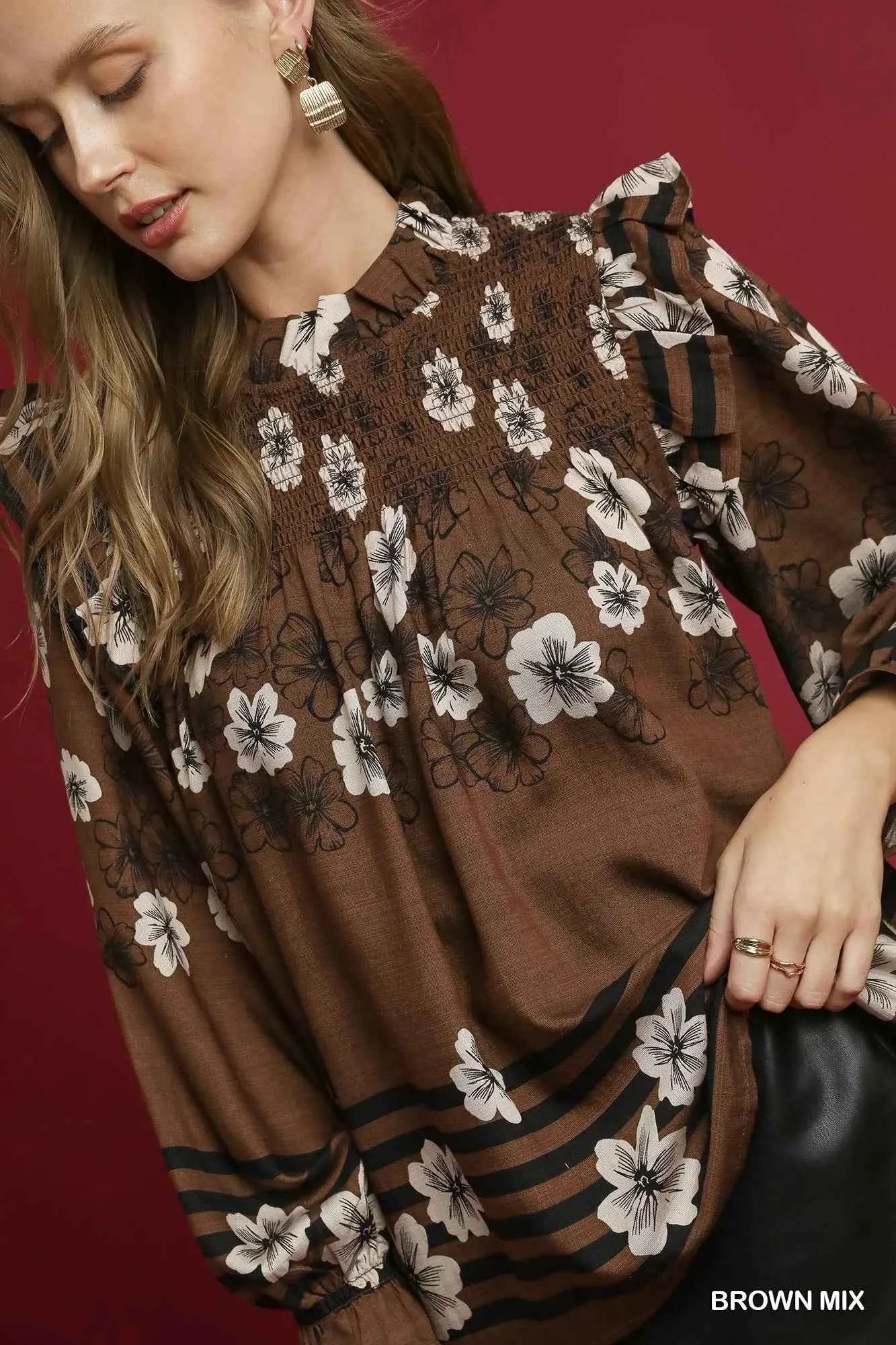 Umgee Full Size Mix Floral Smocked Ruffle Blouse Plus Size 07b17fc6-d57c-46a7-81de-4a2568aaa8b3-Max-Origin