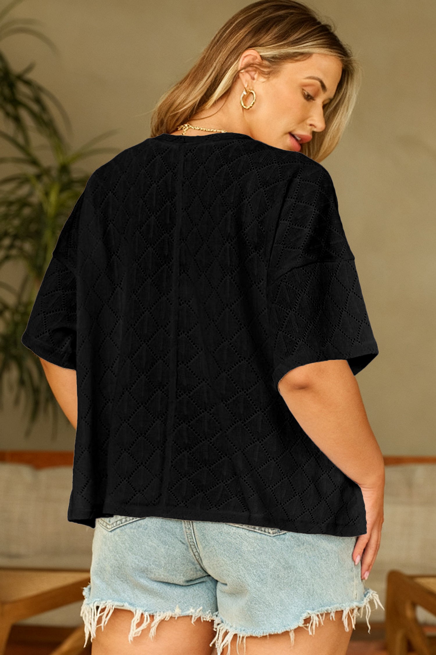 Black Pointelle Rhombus Knit Plus Size V Neck Loose Top 07b2bd199740b1e5