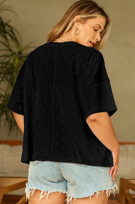 Black Pointelle Rhombus Knit Plus Size V Neck Loose Top 07b2bd199740b1e5