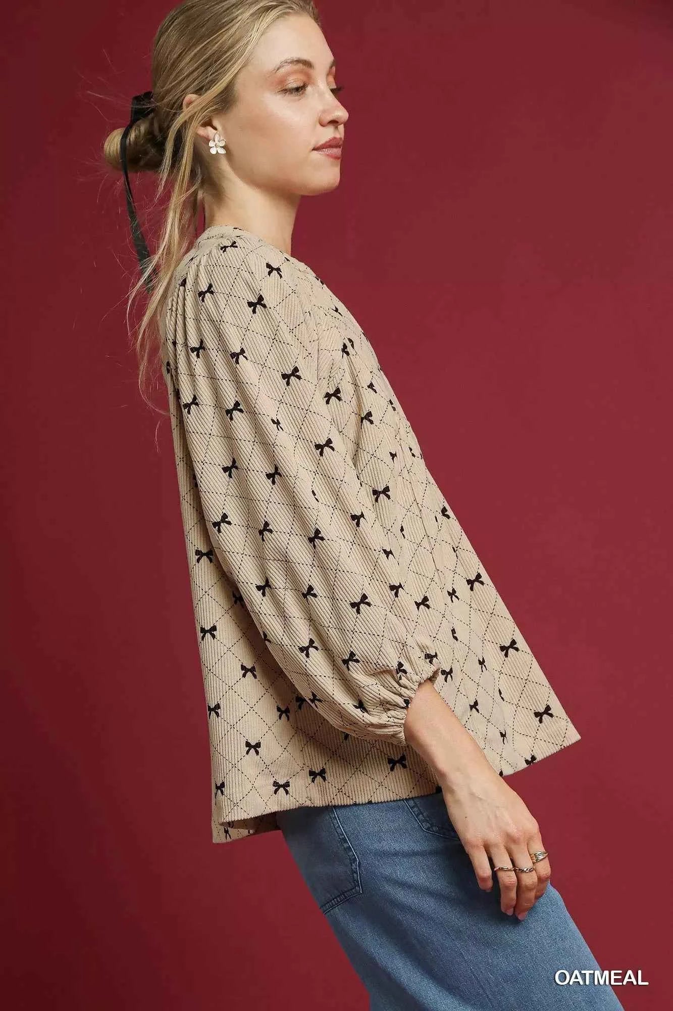 Umgee Corduroy Bow Print Balloon Sleeve Blouse 07b31804-5ec6-459e-8ff5-4474672c240f-Max-Origin