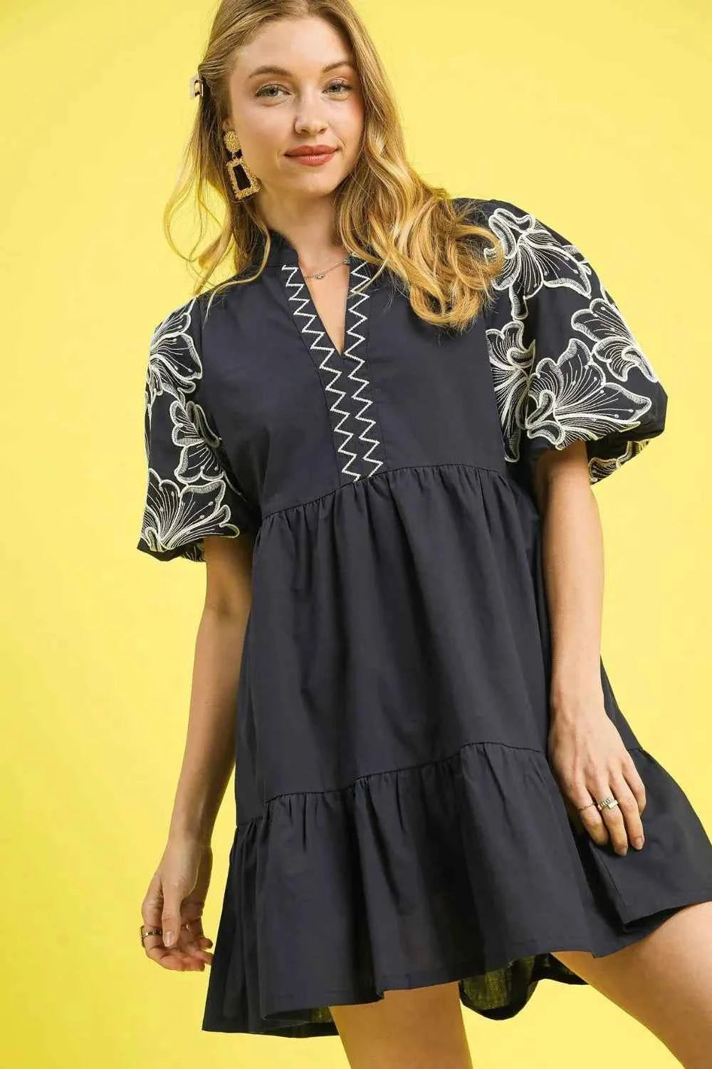 Umgee Tiered Embroidered Puff Sleeve Mini Dress Dark Gray 07b4055b-915e-4f2e-85c6-37a95cb55fa0-Max-Origin
