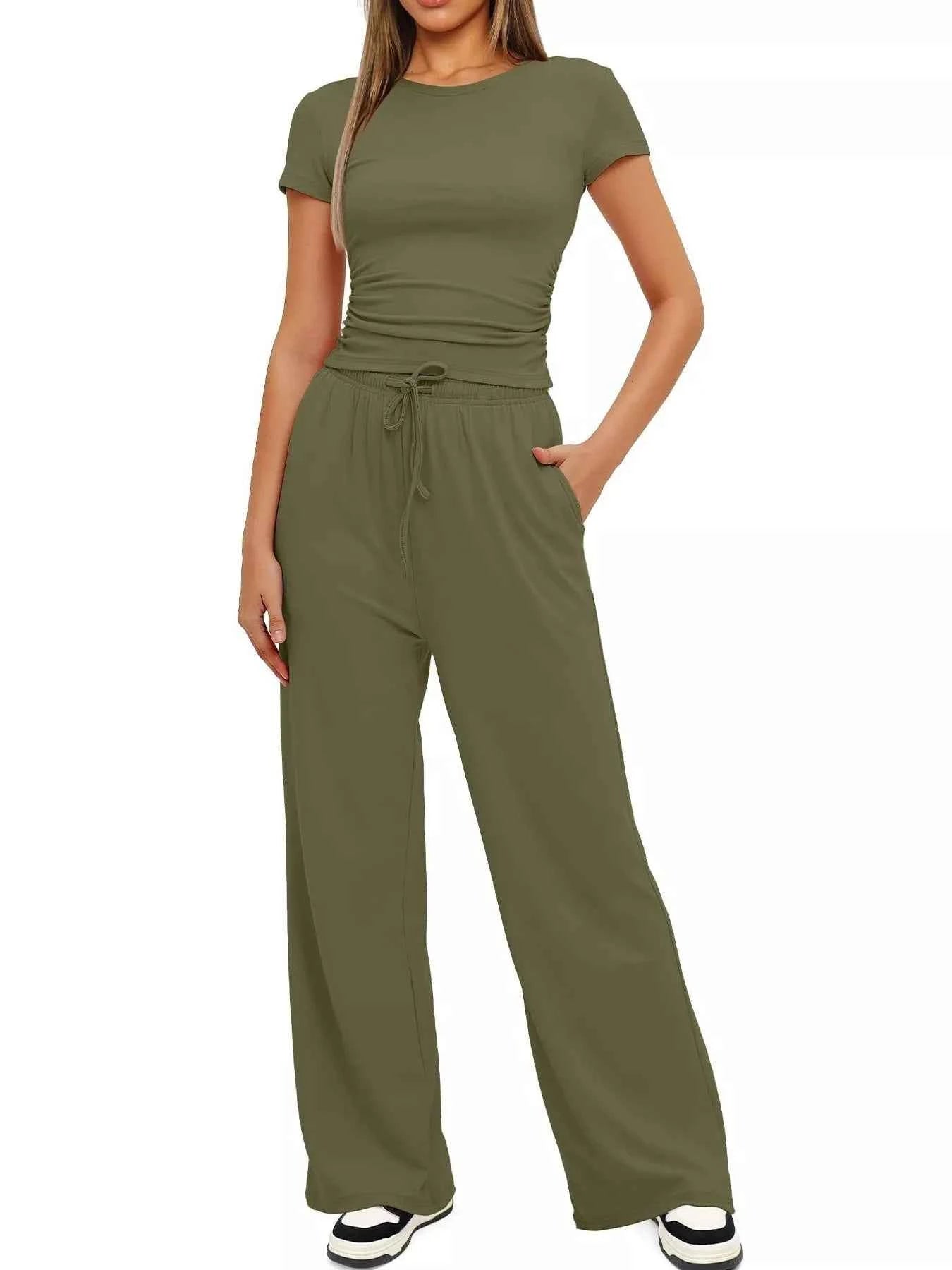 Round Neck Short Sleeve T-Shirt and Pants Set Army Green 07bd762c72d44dea8141e6e1c4e6e433-Max-Origin
