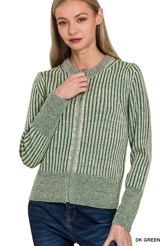 Zenana Ribbed Two Tone Zip Up Sweater Cardigan DK GREEN 07be58b9006b4ced94da454cd9b345a1-Max-Origin
