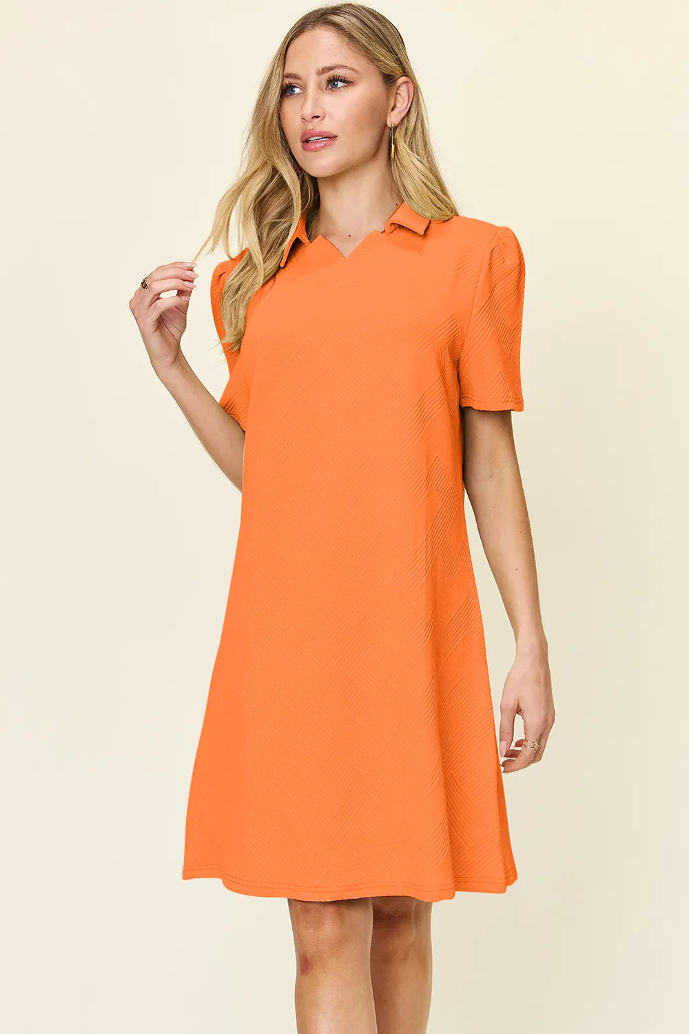 Double Take Full Size Texture Collared Neck Short Sleeve Dress Tangerine 07c0965e-ec5d-4961-9f15-006e130a58c1-Max