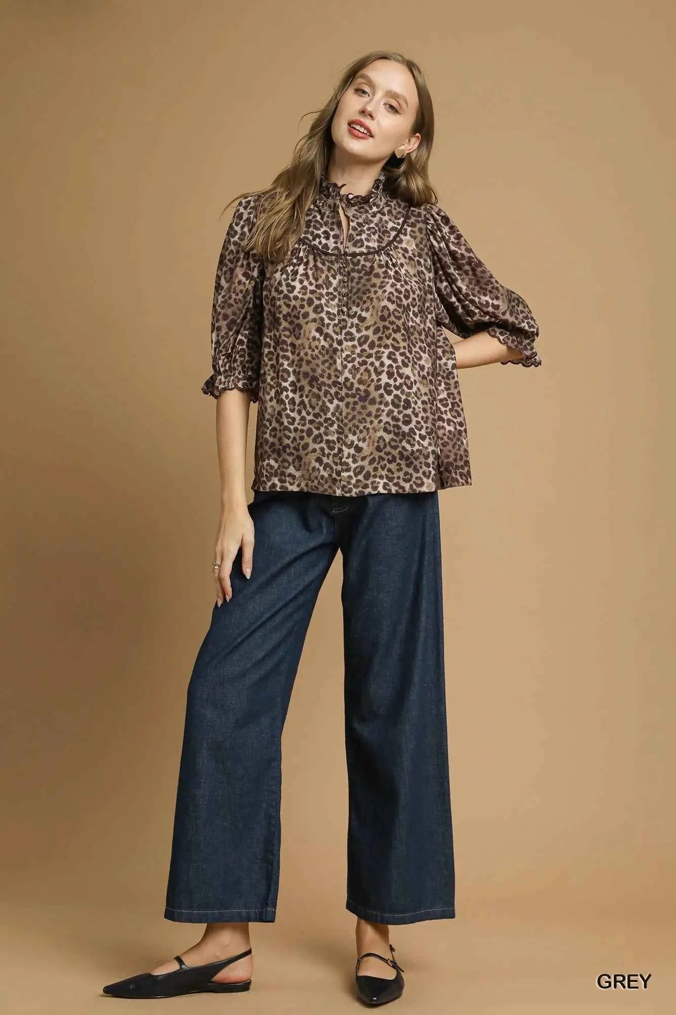 Umgee Leopard Print Ruffle Neck Blouse 07c62ac2-fc6b-4105-b9ff-5783705576dc-Max-Origin