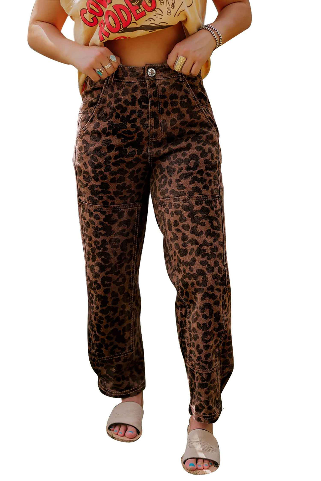 Brown Clear Seam Detail Patchwork Leopard Print Jeans 07cb56986098b5d7
