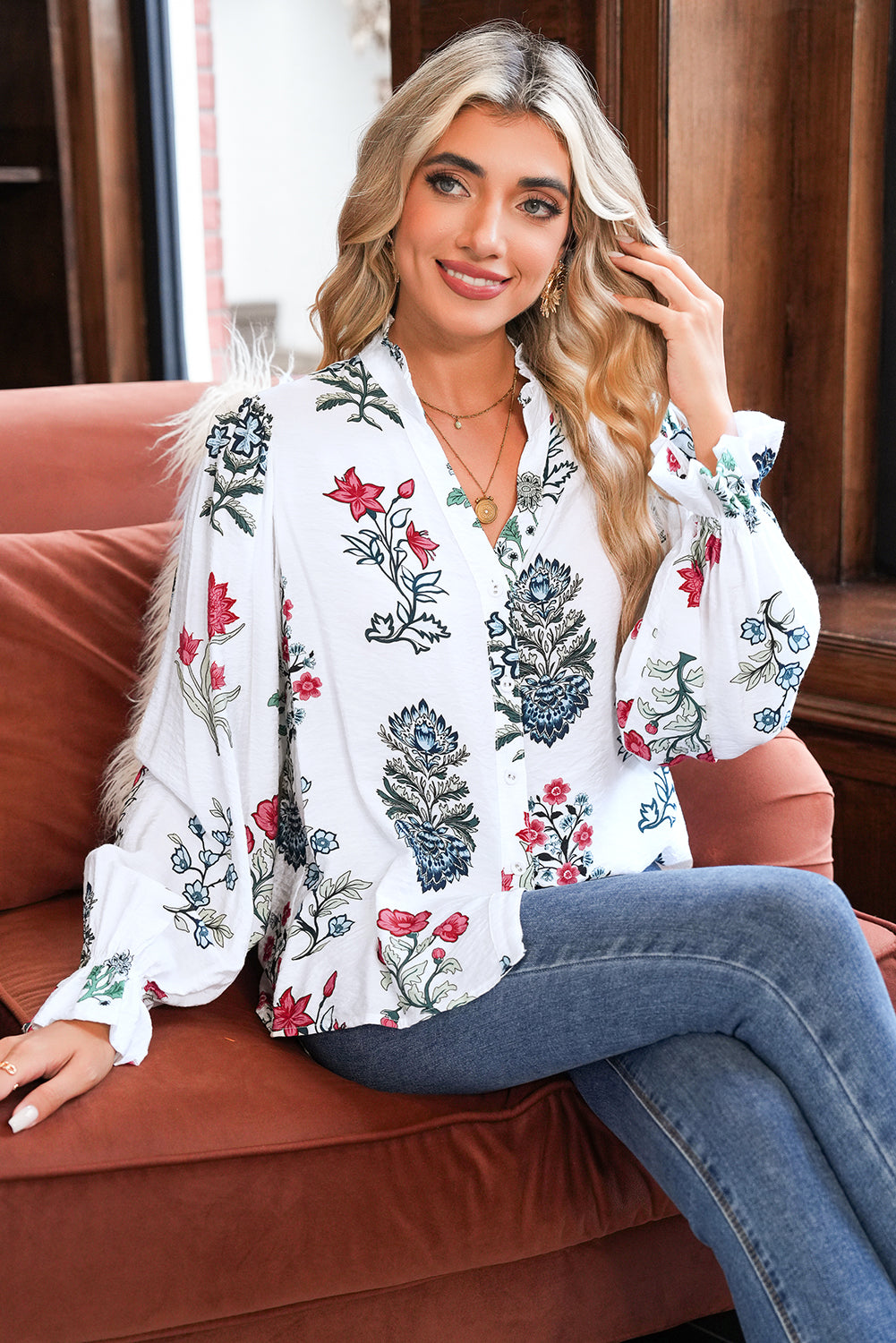 White Floral Print V Neck Loose Drop Sleeve Shirt 07cc016119b59eef