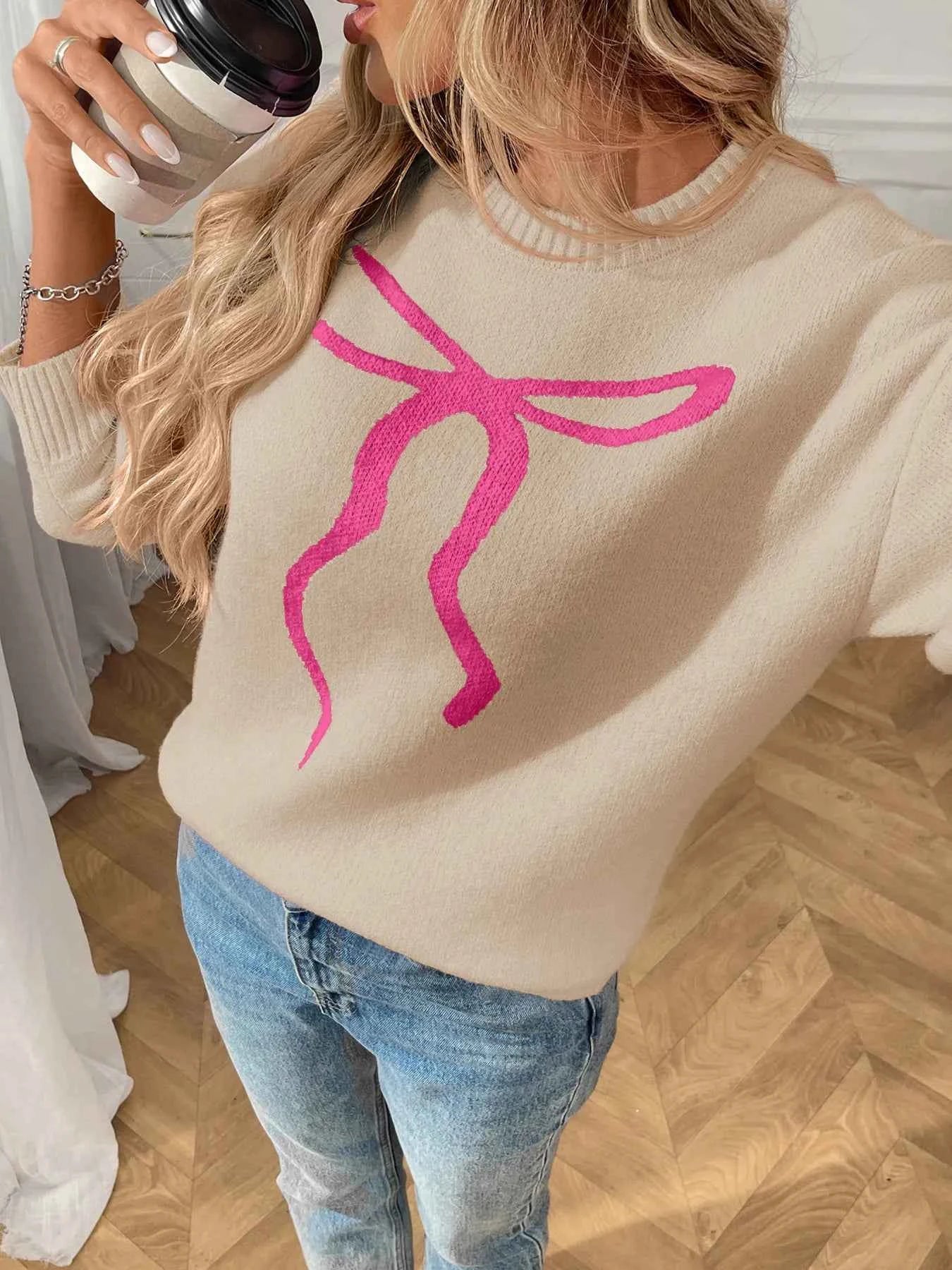 Bow Graphic Ribbed Hem Round Neck Sweater 07ce752012e5460895e79f3243555320-Max-Origin