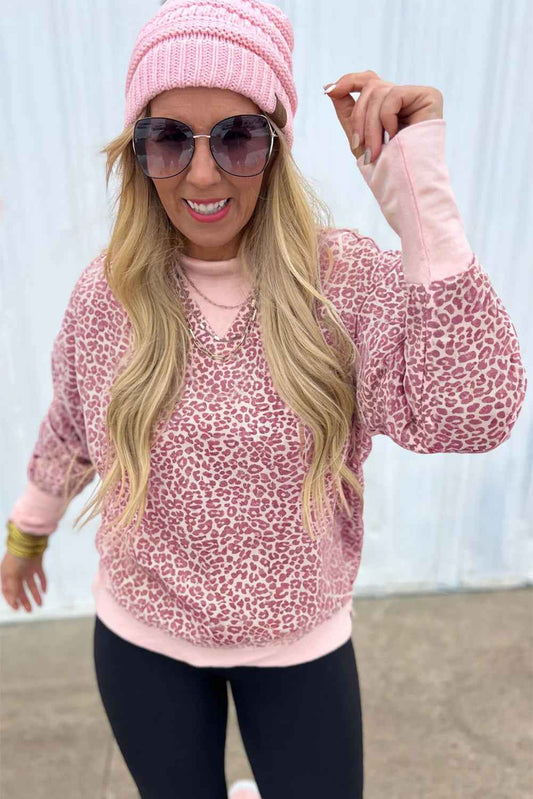 Pink Leopard Print Patchwork Crew Neck Sweatshirt 07de0cd24087a52b