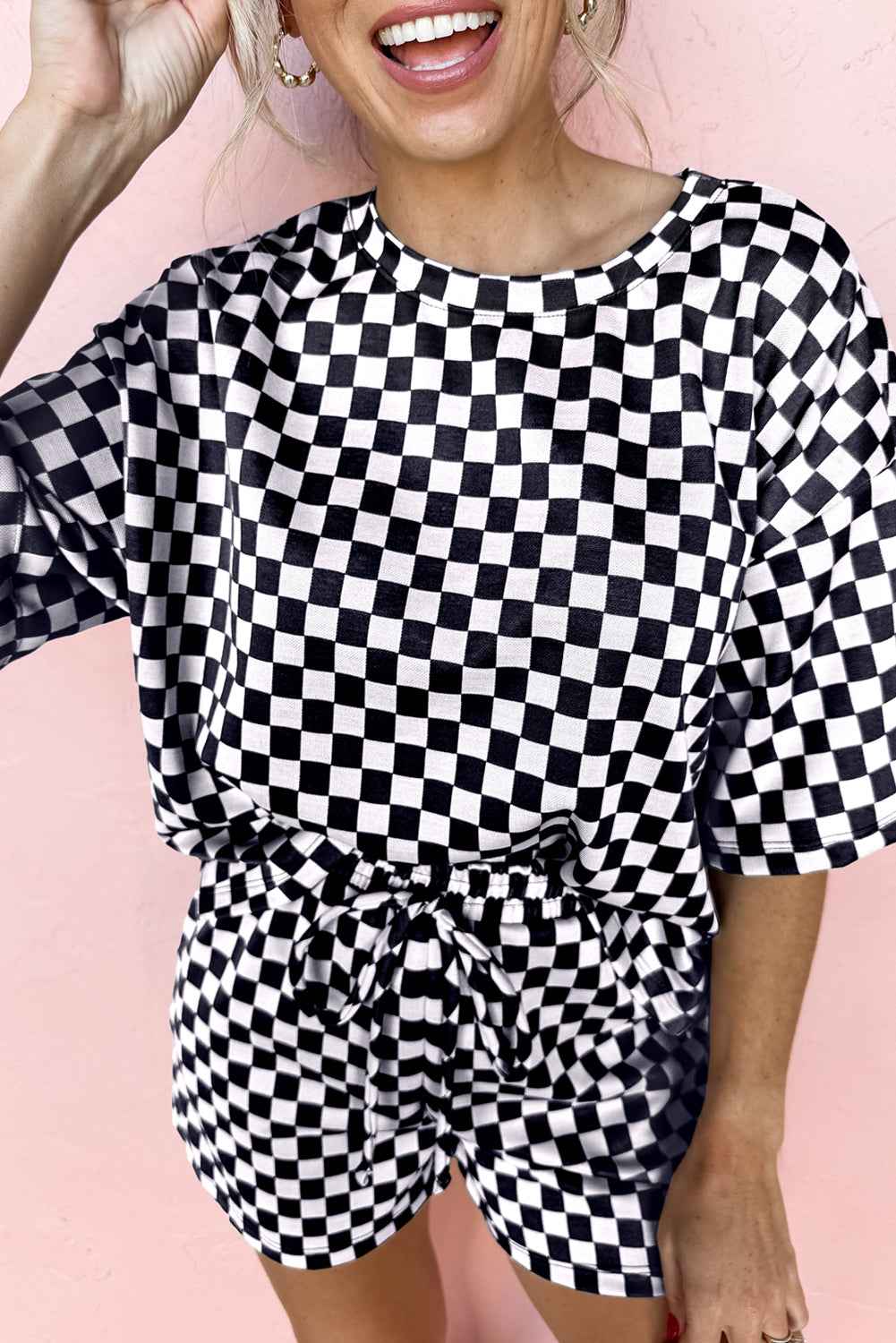 Brown Checkered Top and Drawstring Shorts Pajama Set Black 95%Polyester+5%Elastane 07e93540d44849d4_b37b8b1f-2498-4fe8-bde7-d7716dfa165e