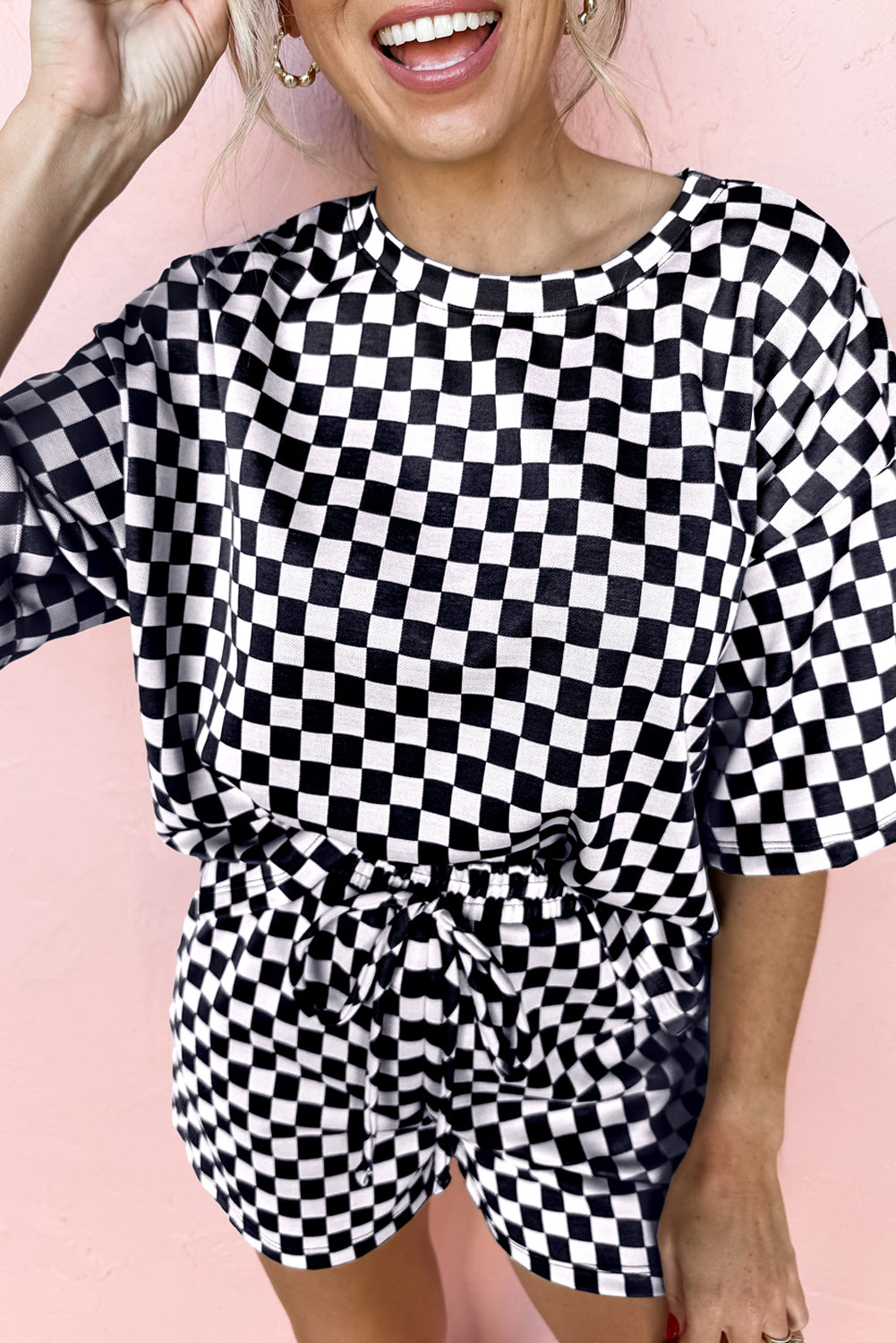Brown Checkered Top and Drawstring Shorts Pajama Set Black 95%Polyester+5%Elastane 07e93540d44849d4_f7bca616-aa12-4b55-8c83-36411e8ecbc2