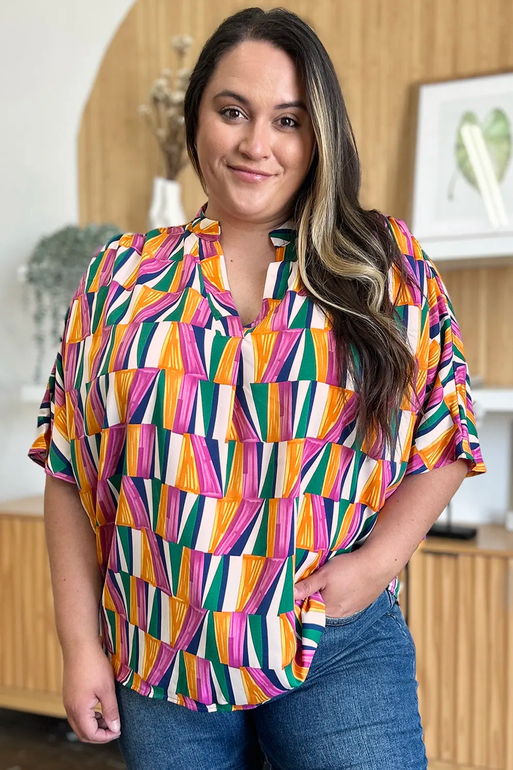 Double Take Full Size Geometric Notched Dolman Sleeve Top 07ec0a5d-88f2-4c6c-9a4b-d5c5e6b2747a-Max