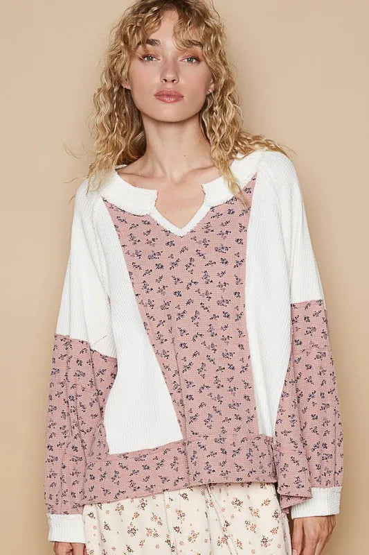 Waffle Knit Floral Notched Long Sleeve Top 07fa3416-d384-4f7a-8f0f-0716ae859294-Max