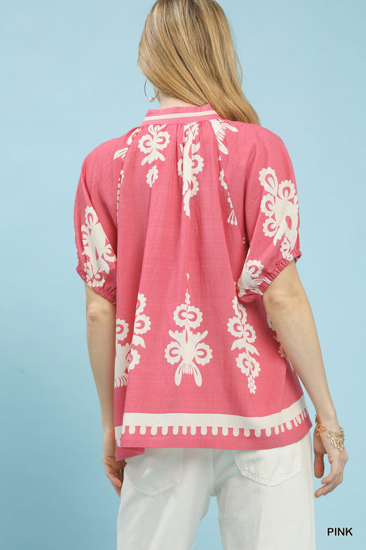 Boho Print Split-Neck Short Sleeve Top 07fe88a6-b645-40c9-bf84-05728cb60804-Max