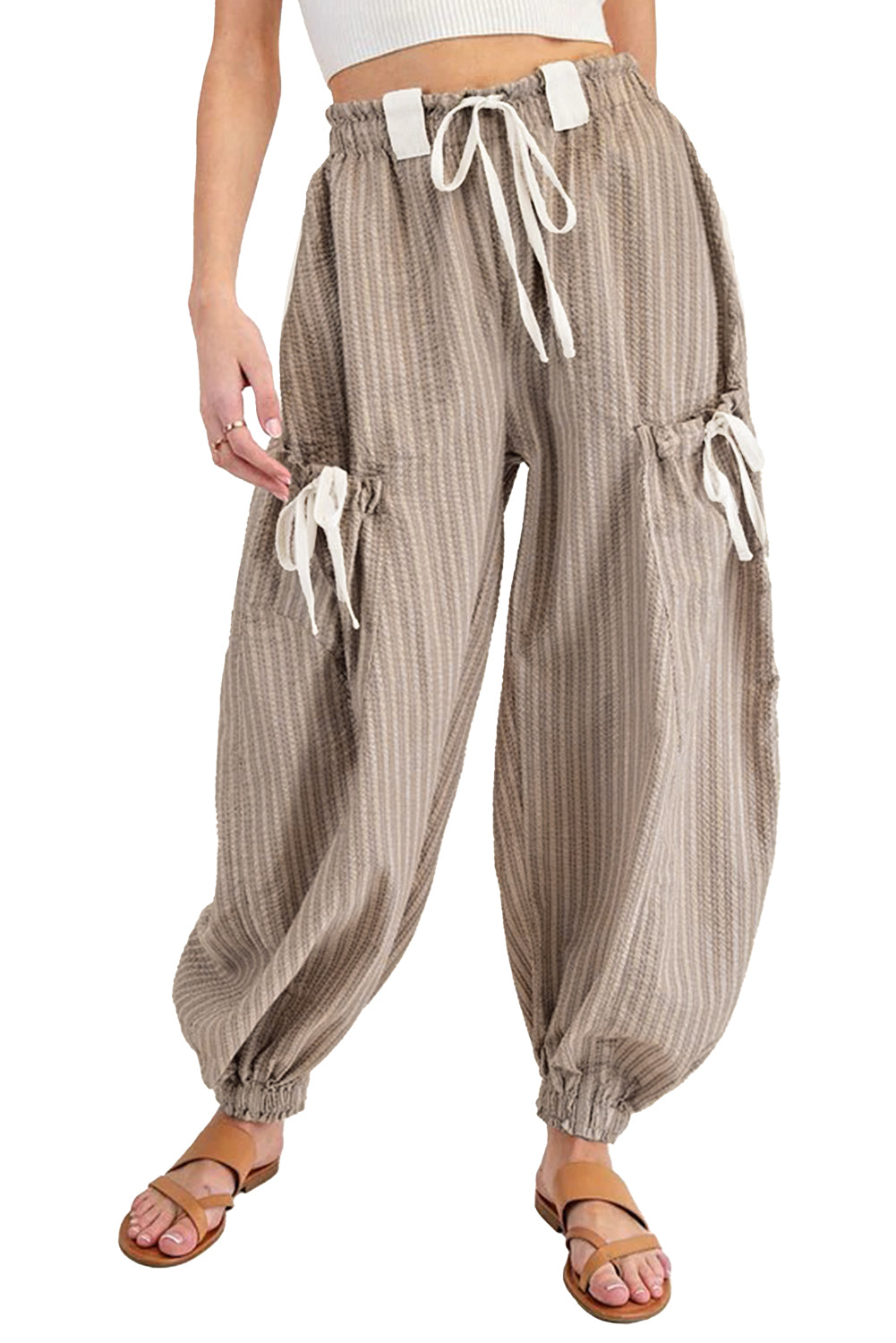 Brown Striped Pocket Knot Detail Lantern Pants Brown Stripe 80%Cotton+20%Polyester 0801d158991dcd24
