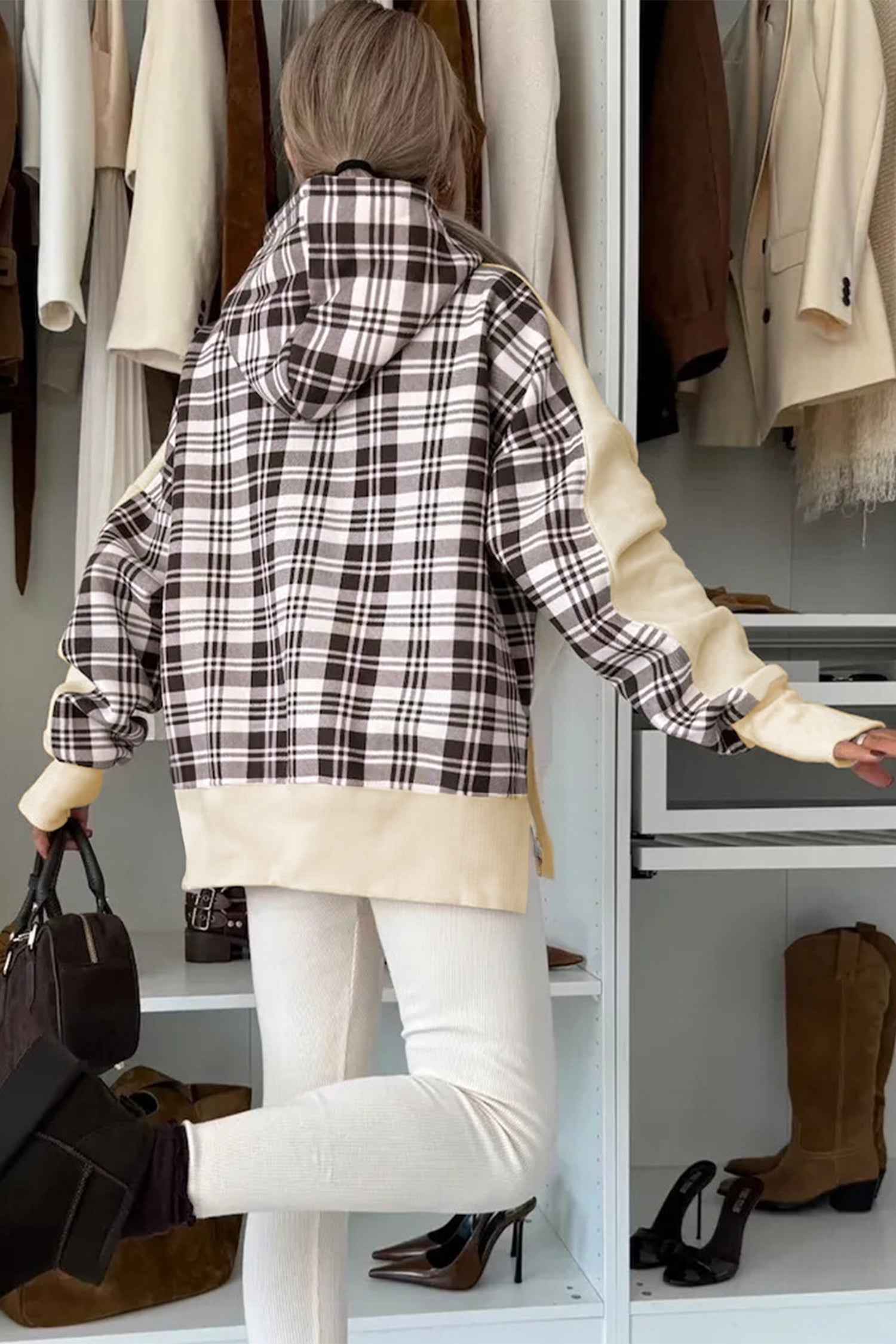 Beige Plaid Patchwork Side Slit Sweatshirt 0805f06d1caddb8d