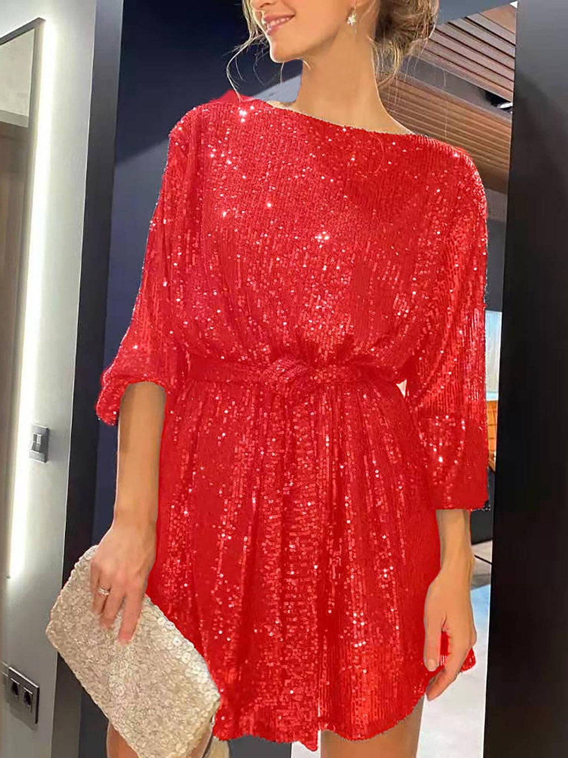 Sequin Tie Waist Long Sleeve Mini Dress