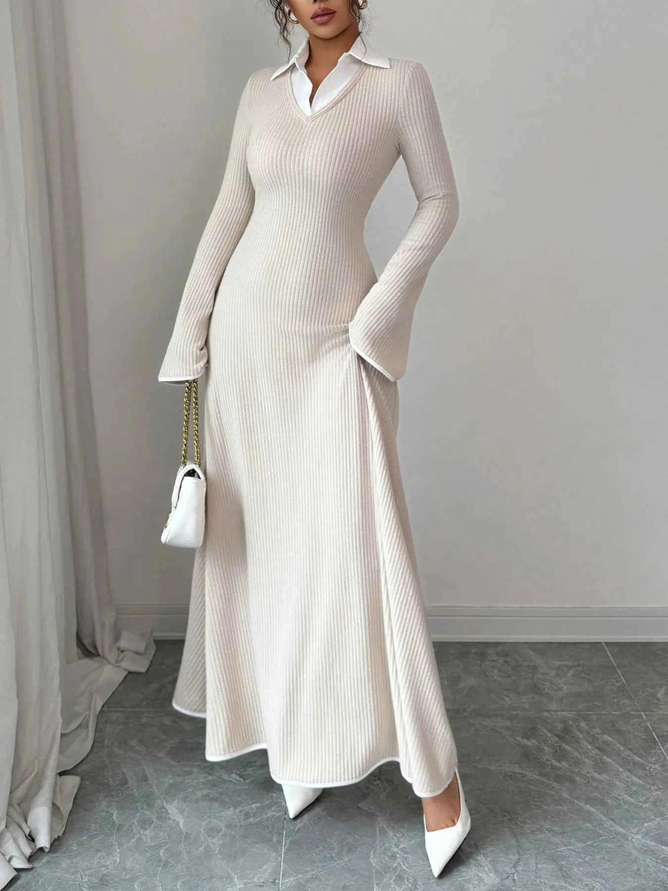 Ribbed Knit Long Sleeve Maxi Dress with Collar 080d6f02-3f80-4d19-8634-adc0b31e1b84-Max-Origin