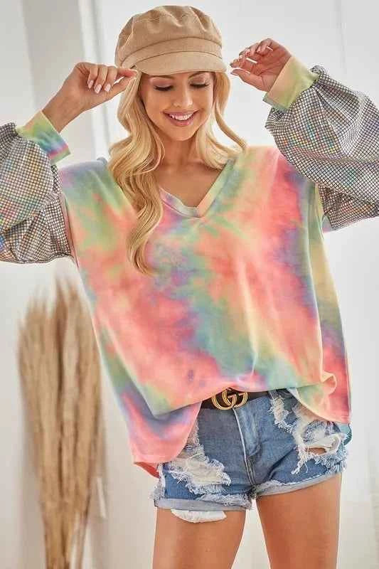 V Neck Tie Dye French Terry Top with Shiny 0810496a64614854ba20007bc2261d65-Max-Origin