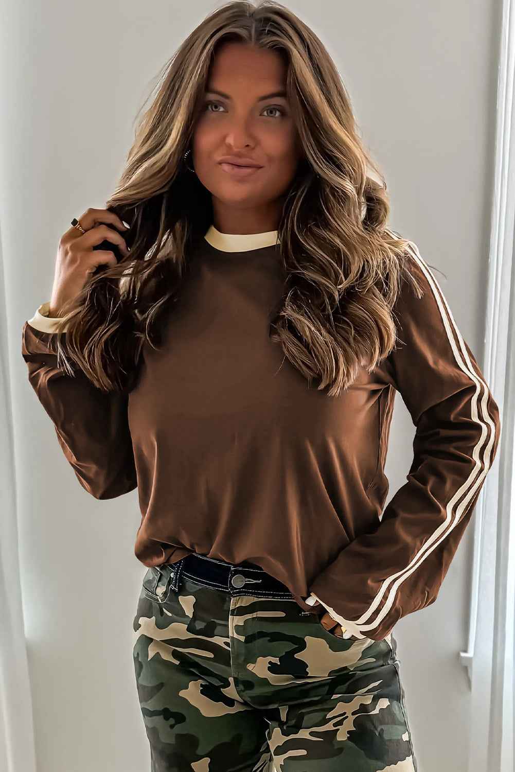 Fiery Red Varsity Striped Crew Neck Long Sleeve Top 08111b82b50be4e3