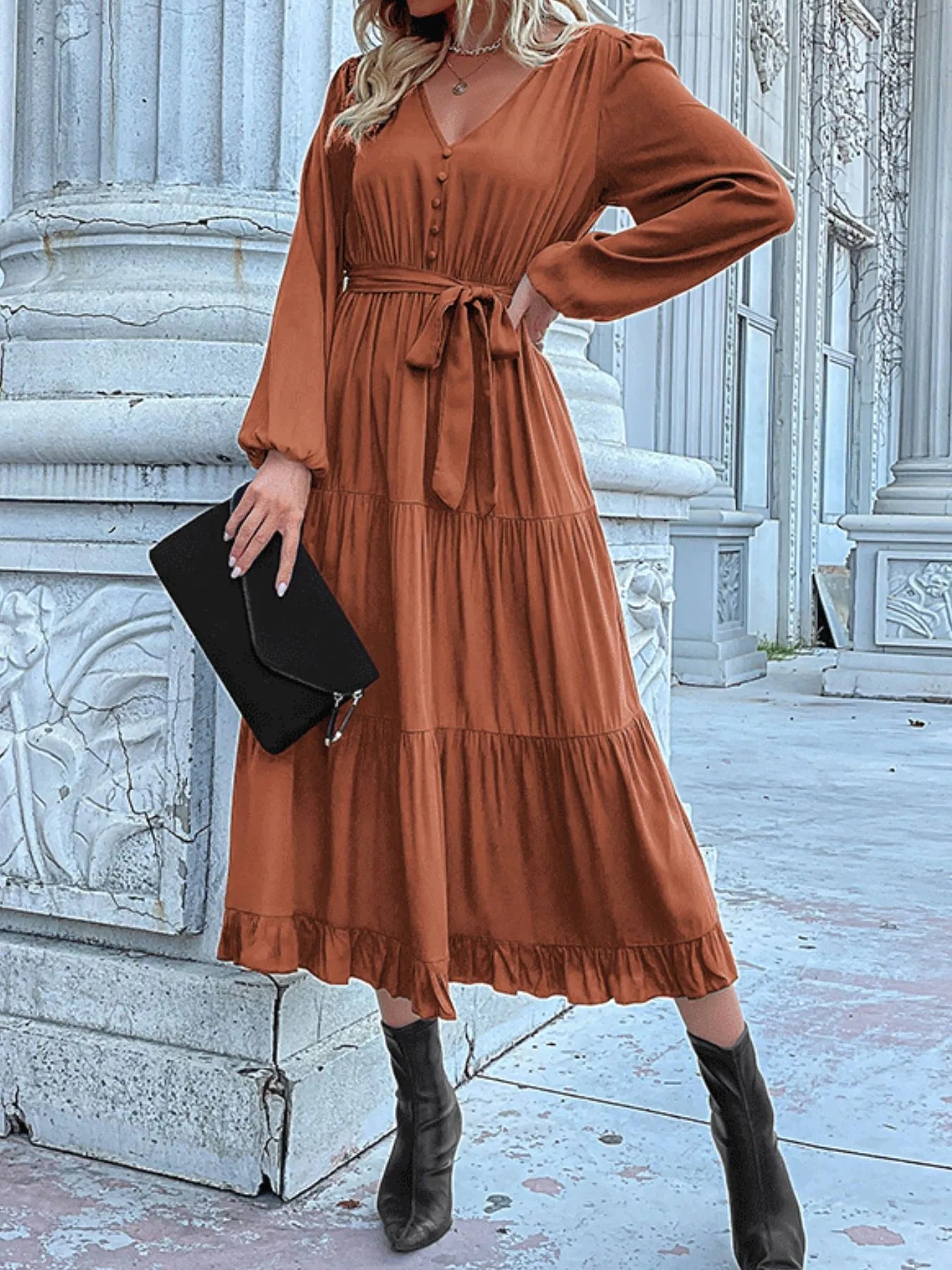 Ruffled Hem V-Neck Balloon Sleeve Dress Caramel 0815ec7f-165f-473d-8c93-28ca336f15e4-Max-Origin
