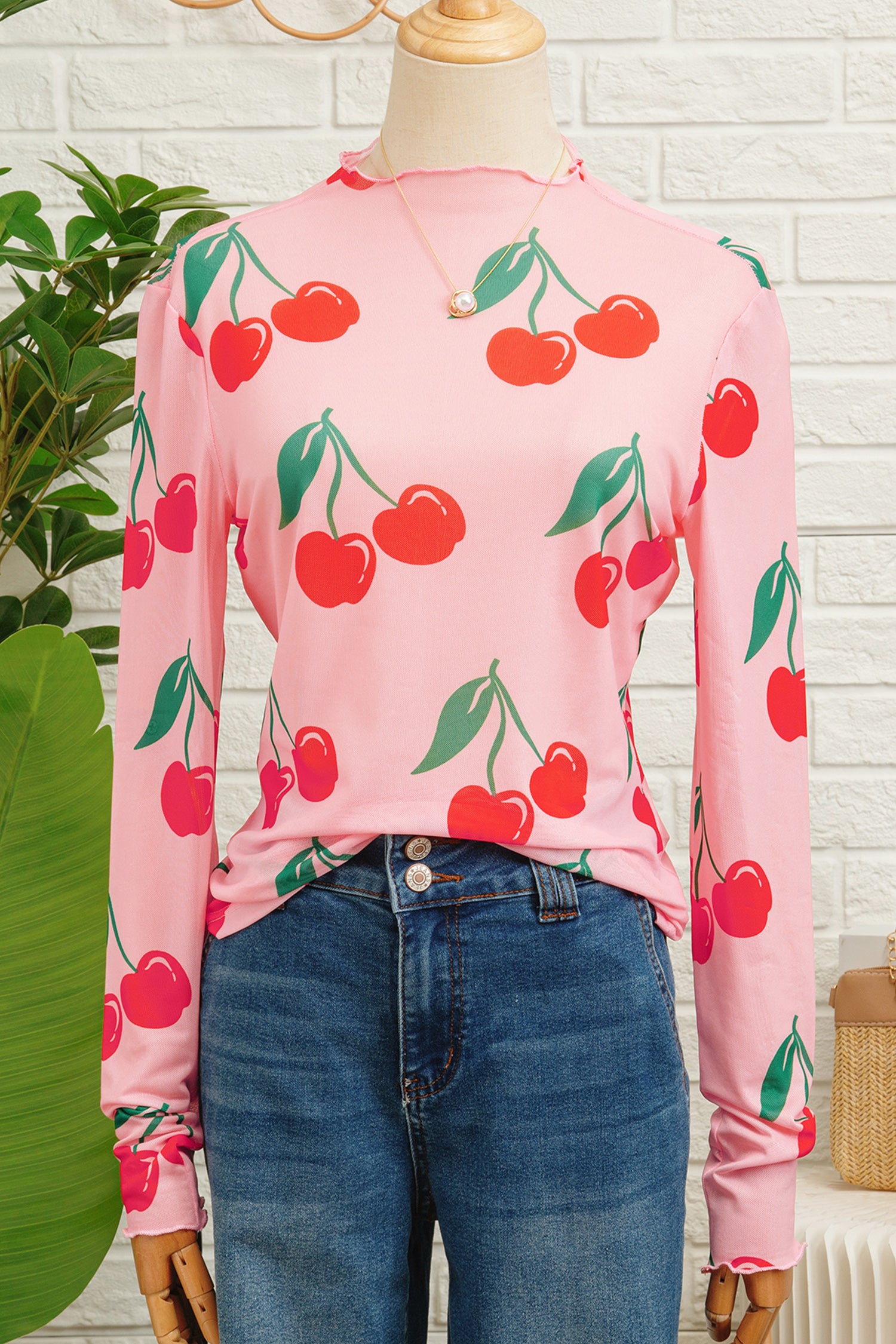 Pink Cherry Print Lettuce Trim Long Sleeve Mesh Top 0819746bf2b5f9d3